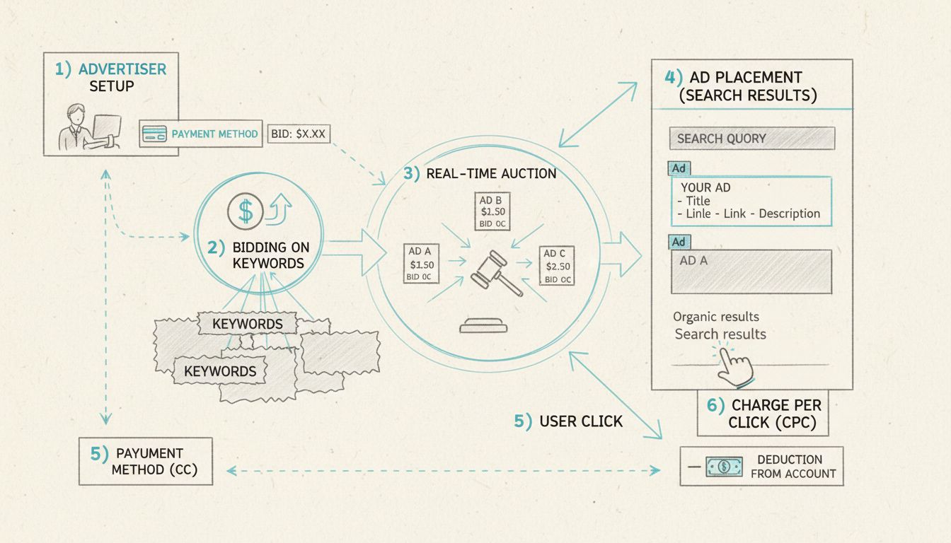 Diagramma di flusso del modello di pagamento della ricerca a pagamento che mostra la configurazione dell’account, l’offerta sulle parole chiave, il processo d’asta, la posizione dell’annuncio e l’addebito del costo per clic