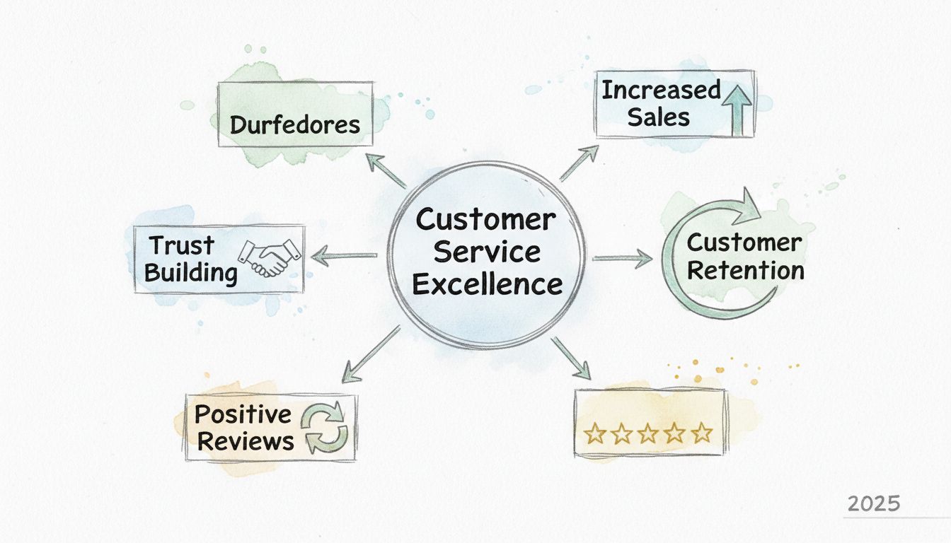 Customer Service Impact on Black Friday Campaigns - Hand-drawn diagram showing Customer Service Excellence connected to Increased Sales, Customer Retention, Trust Building, and Positive Reviews