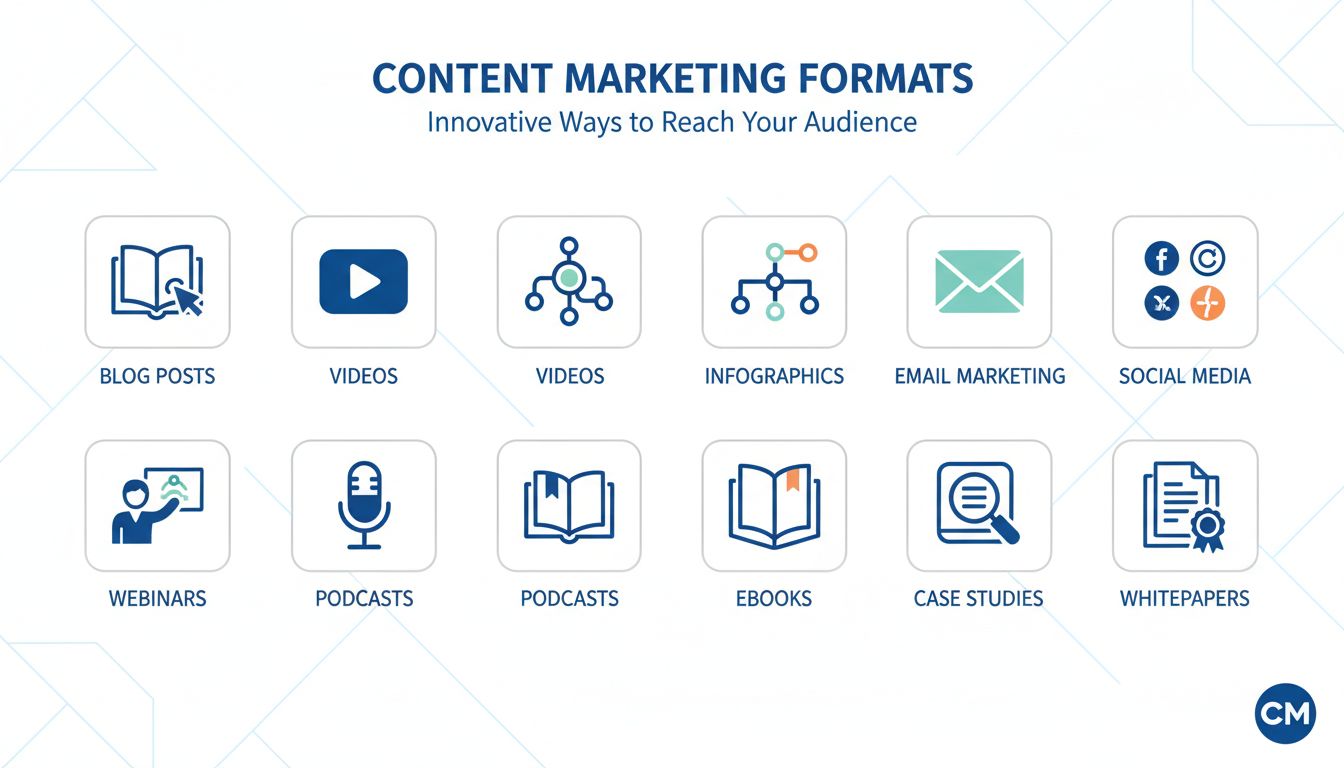 Different types of content marketing formats including blog posts, videos, infographics, email marketing, social media, webinars, podcasts, ebooks, case studies, and whitepapers