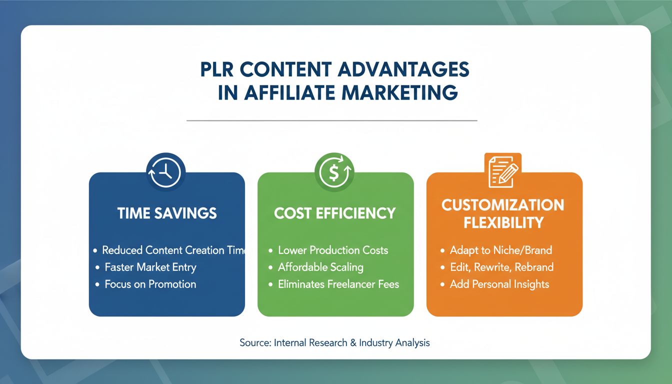 Infografica sui vantaggi dei contenuti PLR che mostra risparmio di tempo, efficienza nei costi e flessibilità di personalizzazione per il marketing di affiliazione