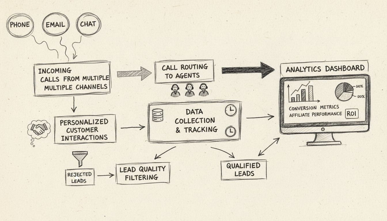 Diagramma del flusso di lavoro di un software per call center che mostra chiamate in entrata, instradamento, raccolta dati, analisi e interazioni personalizzate