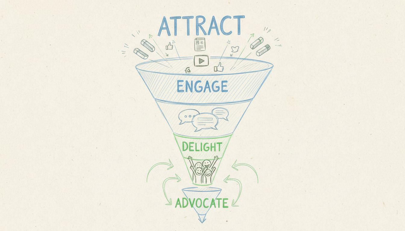 Diagramma del funnel dell'inbound marketing che mostra le fasi Attract, Engage, Delight e Advocate