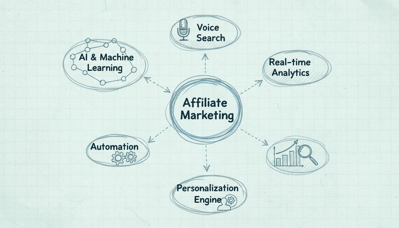 Tecnologie emergenti nel marketing di affiliazione tra cui IA, machine learning, ricerca vocale, automazione, analisi in tempo reale e personalizzazione