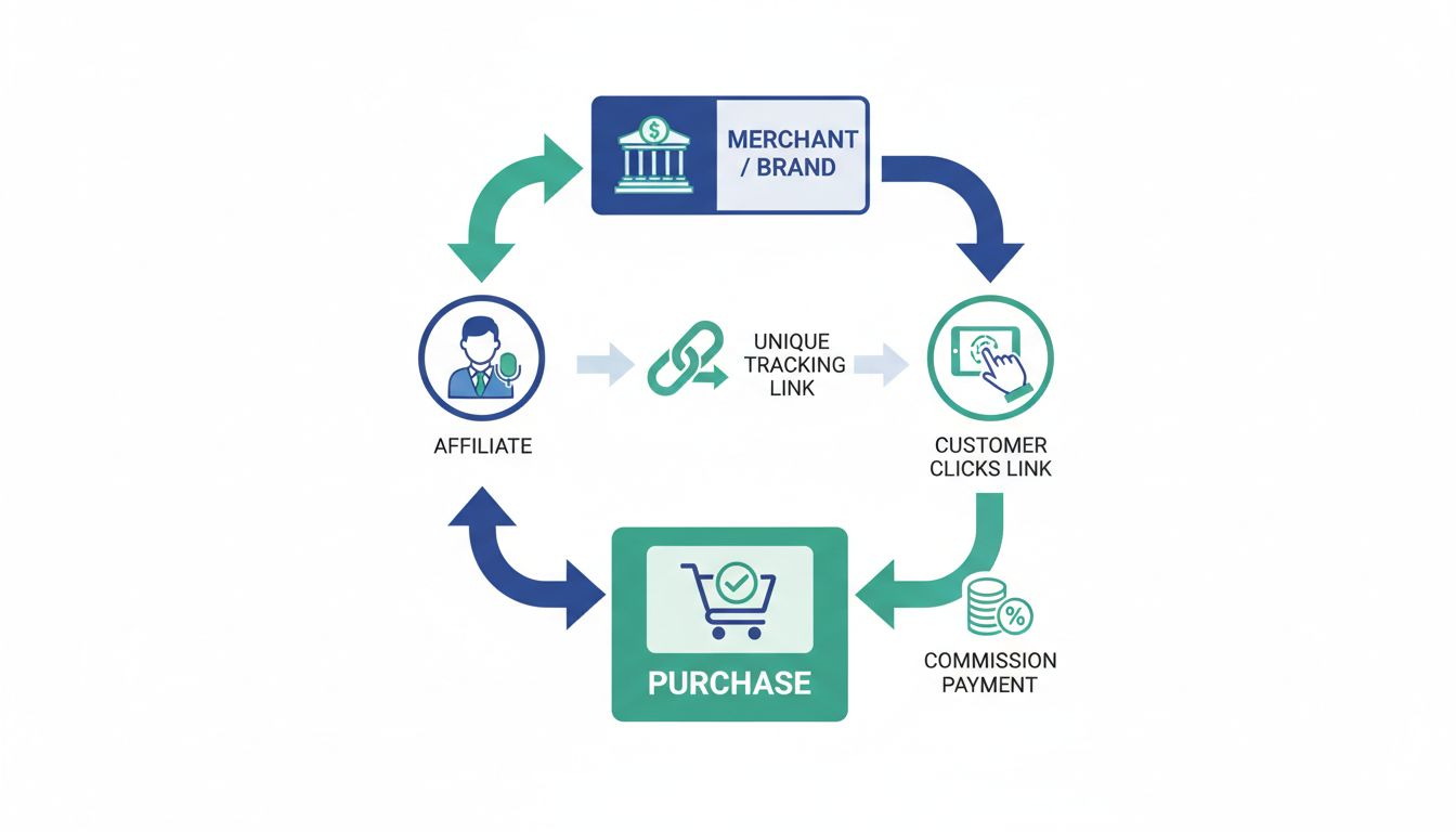 Diagramma del processo di marketing di affiliazione che mostra merchant, affiliato, cliente, link di tracciamento, acquisto e pagamento delle commissioni
