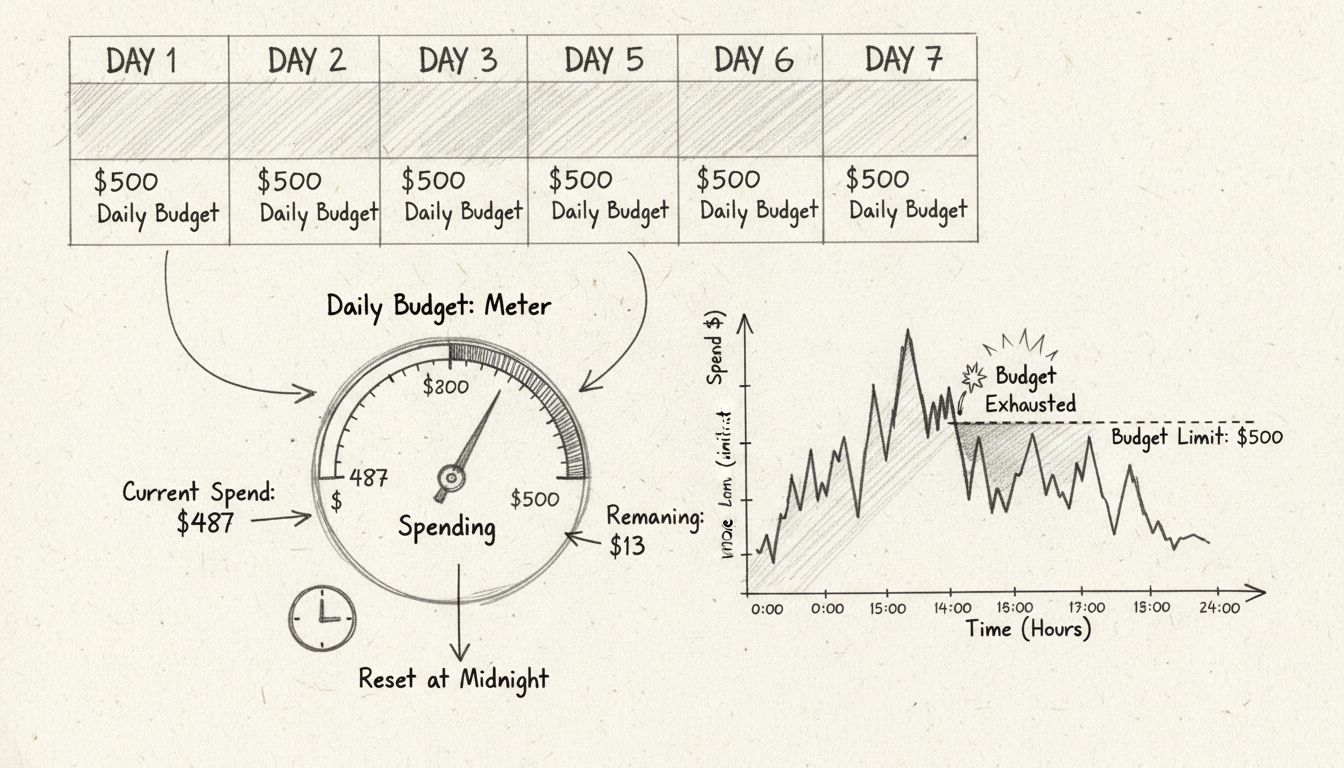 Diagramma del flusso del budget giornaliero che mostra il misuratore di spesa, il reset a mezzanotte e l’andamento della spesa giornaliera