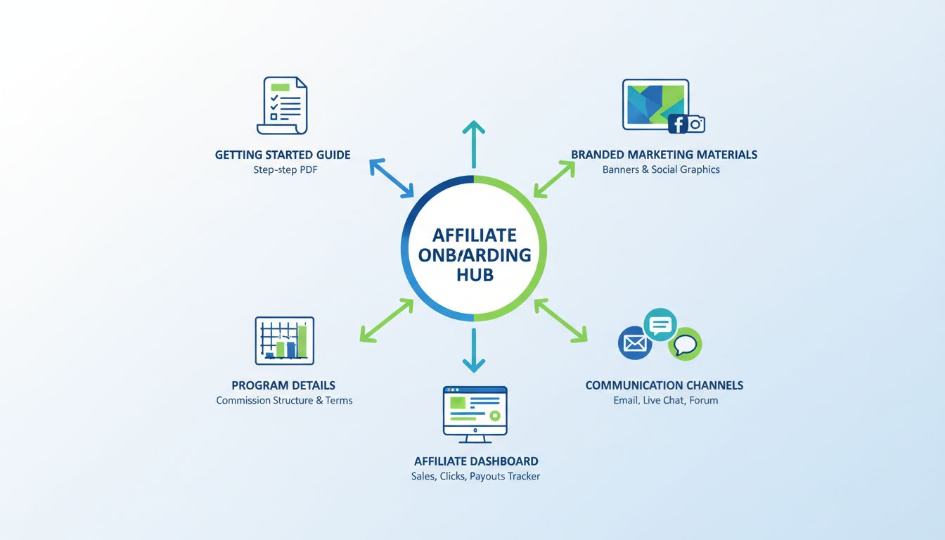 Materiali e risorse per l'onboarding degli affiliati: infografica che mostra la Guida introduttiva, materiali di marketing con brand, dettagli del programma, canali di comunicazione e dashboard affiliato