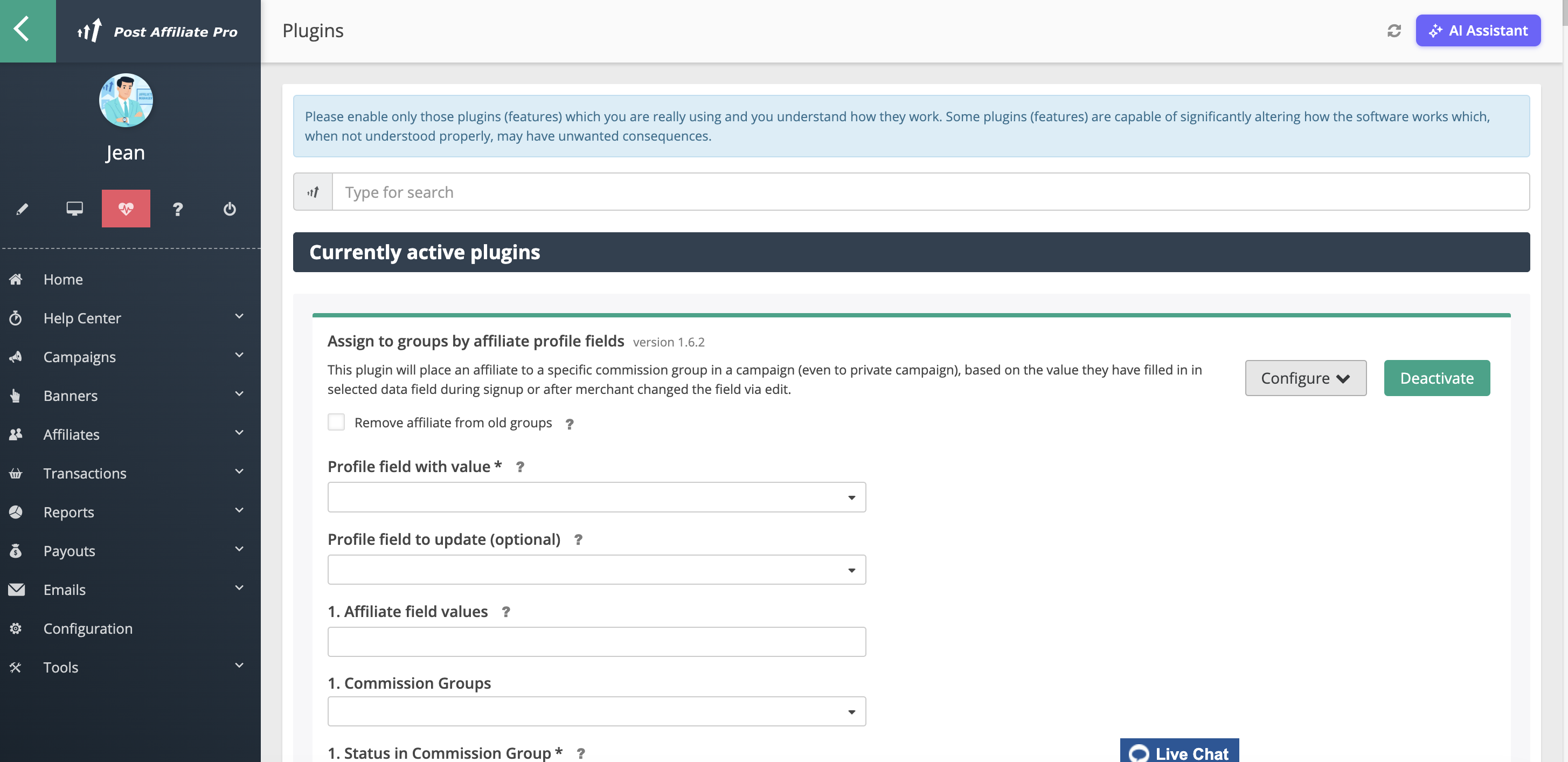 Post Affiliate Pro - Configurazione del plugin Assegna ai Gruppi in base ai Campi del Profilo