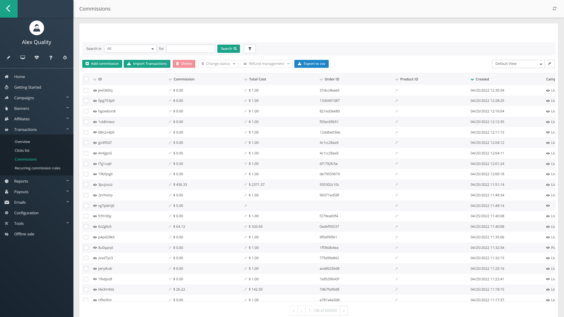 Panoramica commissioni in Post Affiliate Pro