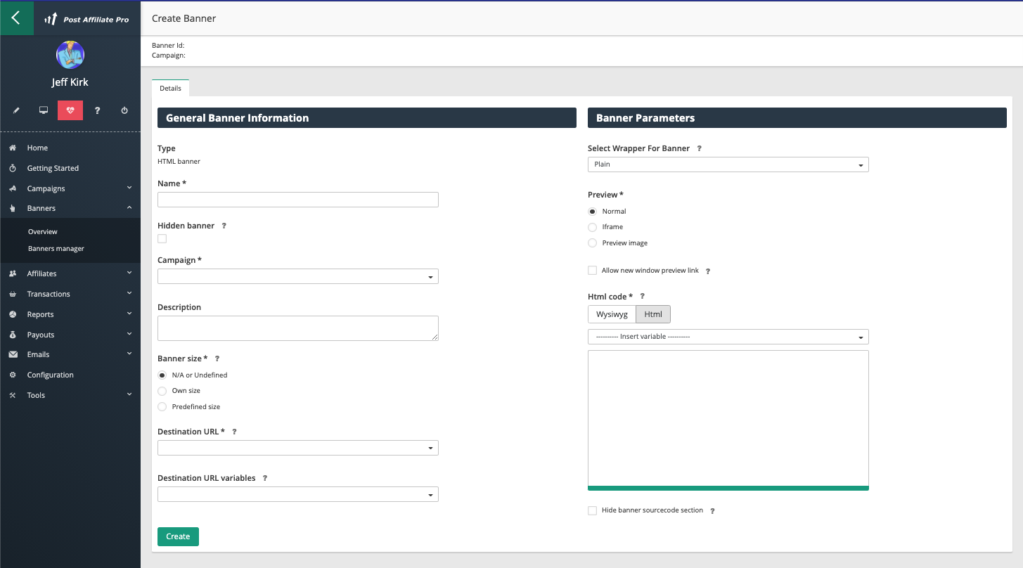 Post Affiliate Pro - Pagina di creazione banner