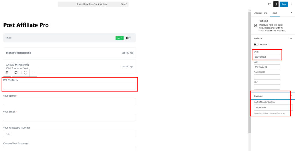 Aggiunta del campo papvisitorid al modulo di checkout di SureCart