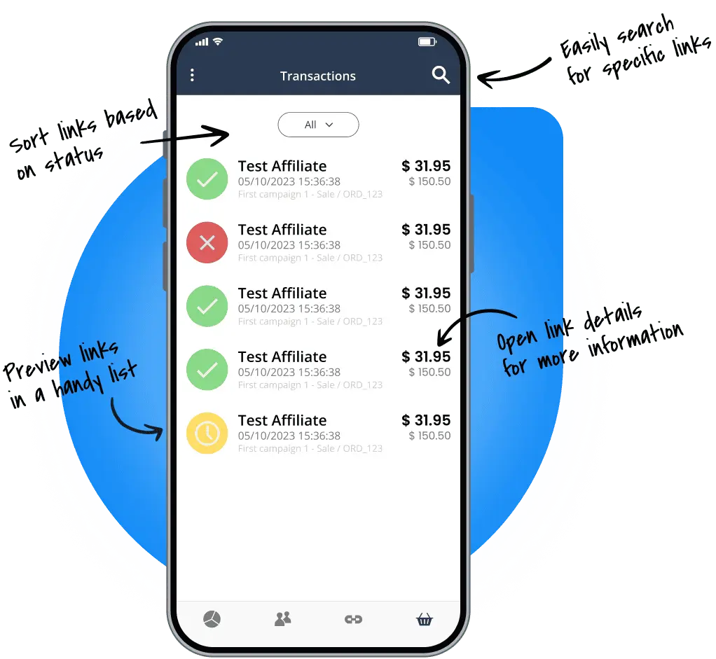 Panoramica della funzione di gestione delle transazioni nell'app mobile Post Affiliate Pro.