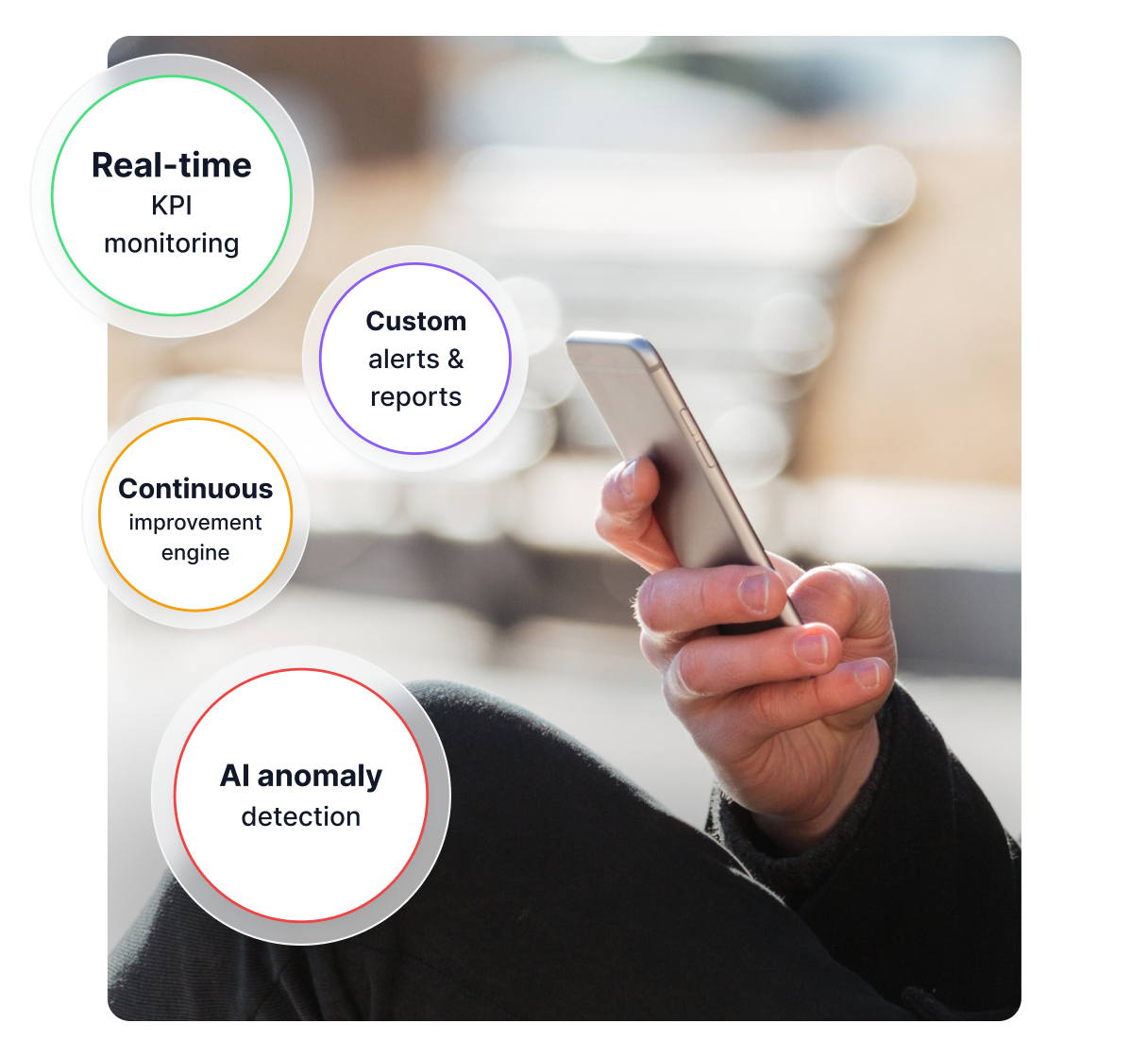 Dashboard AI su smartphone che mostra KPI affiliati, grafici di tendenza e avvisi di anomalia