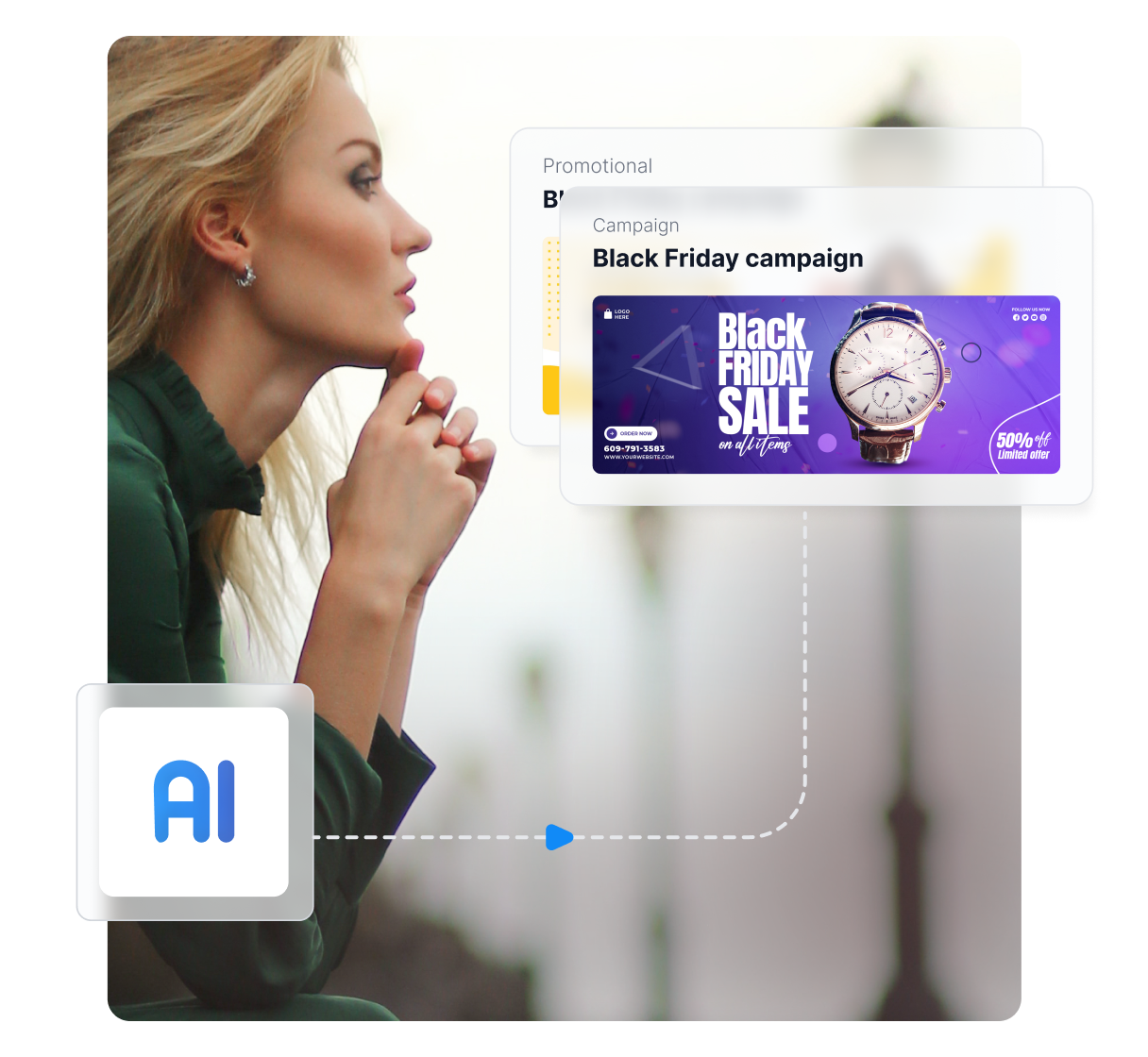 Dashboard AI su uno smartphone che mostra banner affiliati e grafici di performance (CTR, conversioni)