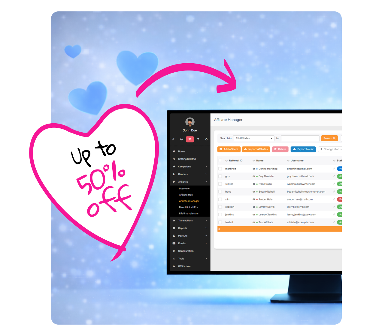 Illustrazione hero a tema San Valentino per la promozione Post Affiliate Pro