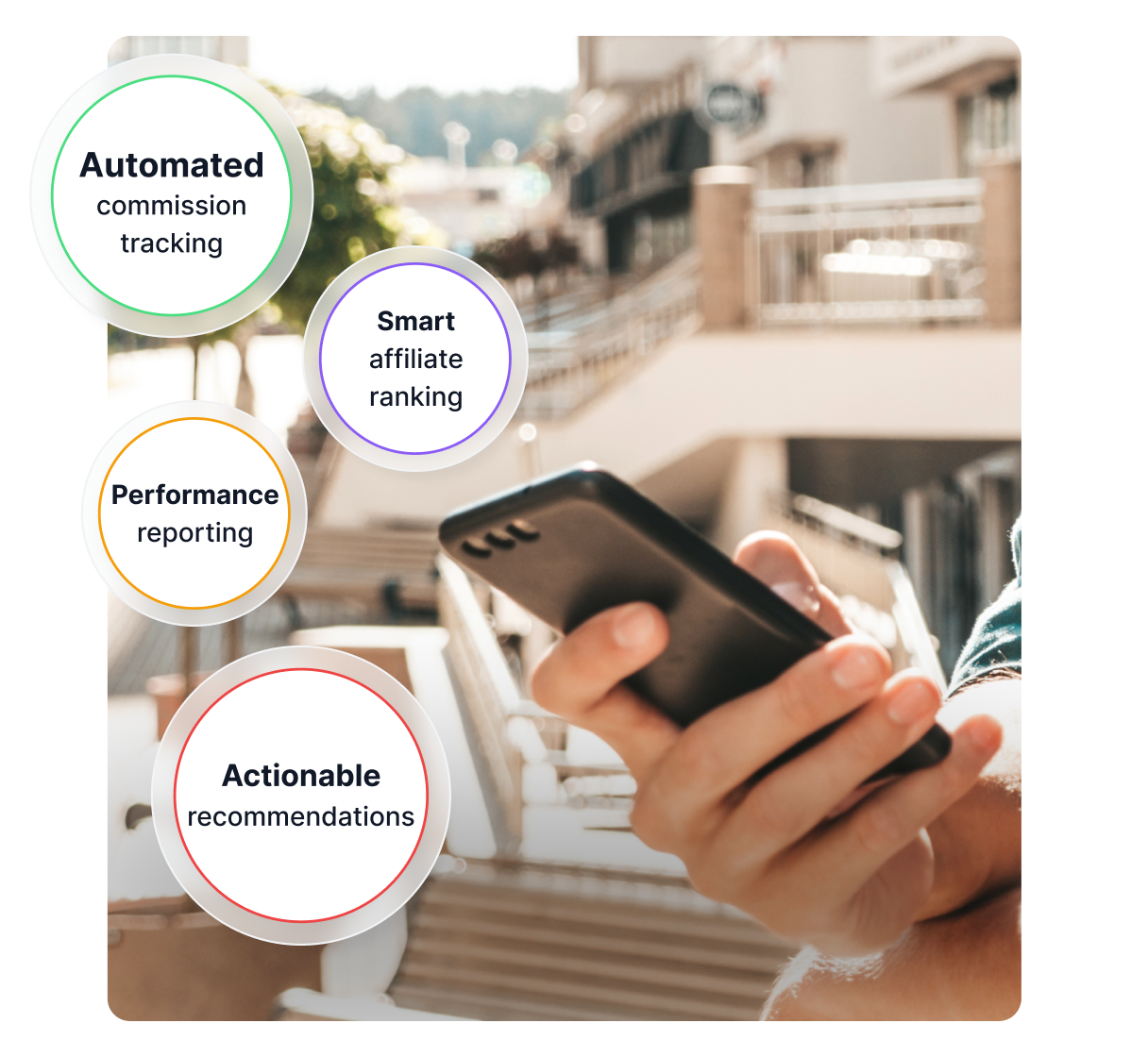 Dashboard su smartphone che mostra insight e metriche di performance affiliate generate dall'IA