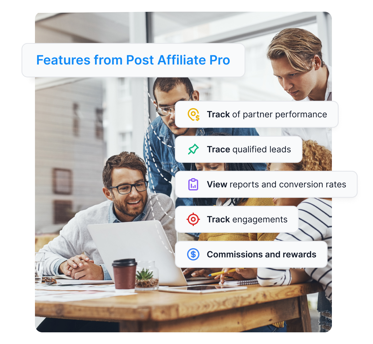 Immagine stock di una donna al telefono, accanto a un’illustrazione semplice che mostra come funziona Post Affiliate Pro, insieme a diversi badge premio.