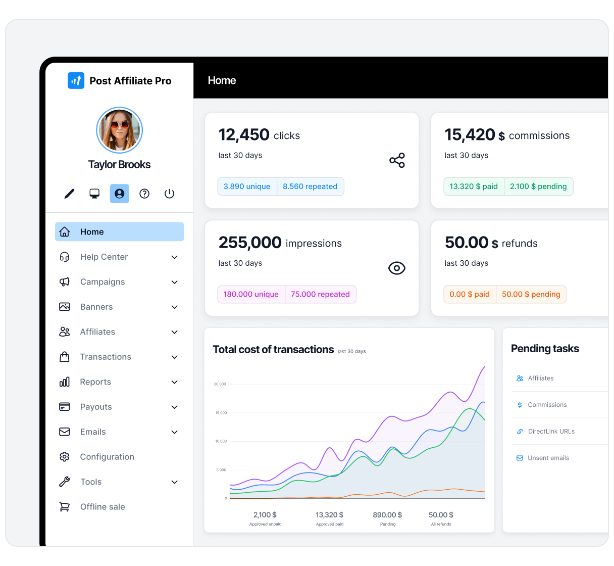 Dashboard di gestione degli affiliati per gestire commissioni, affiliati e campagne in un unico posto.