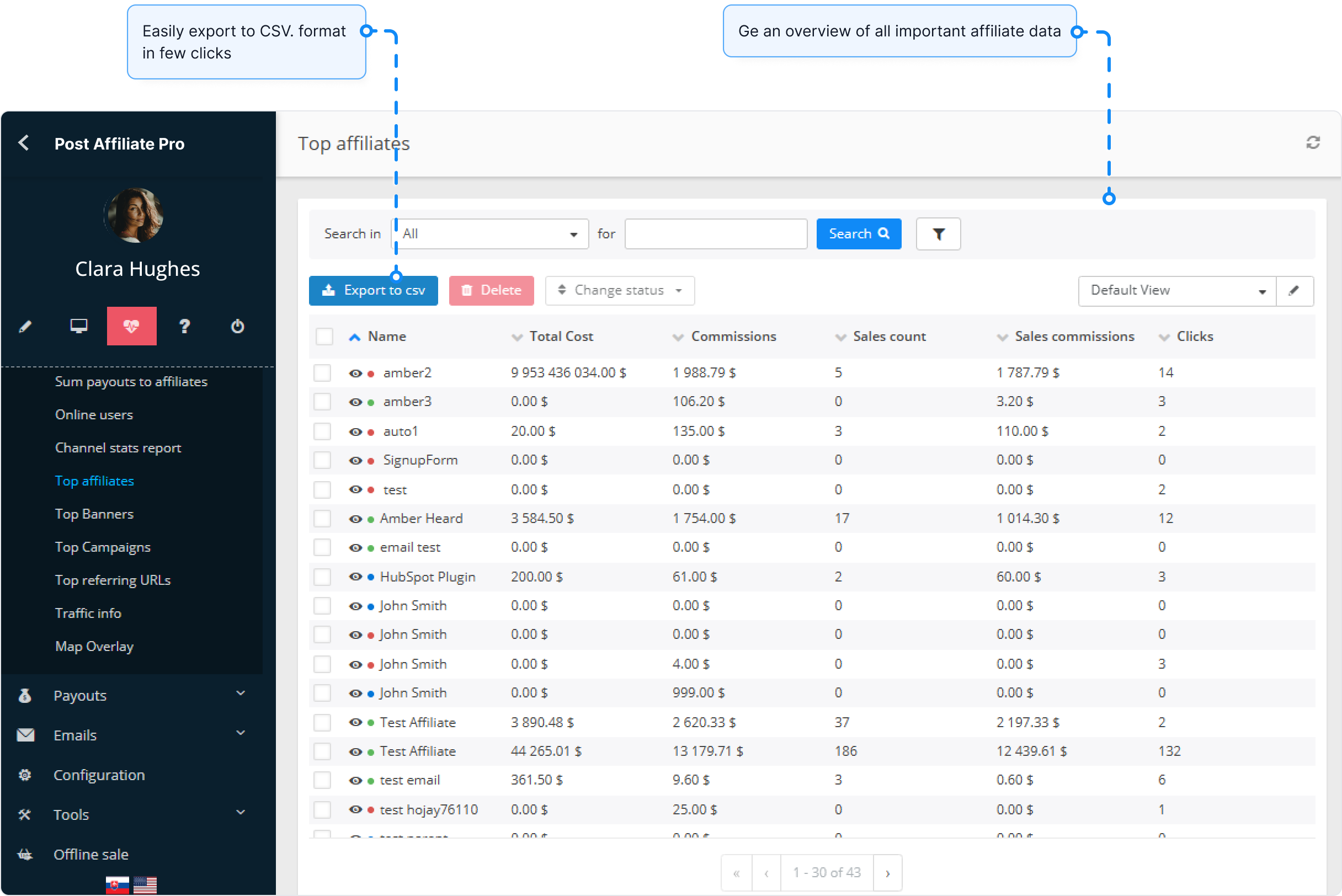Panoramica della funzionalità report in Post Affiliate Pro.