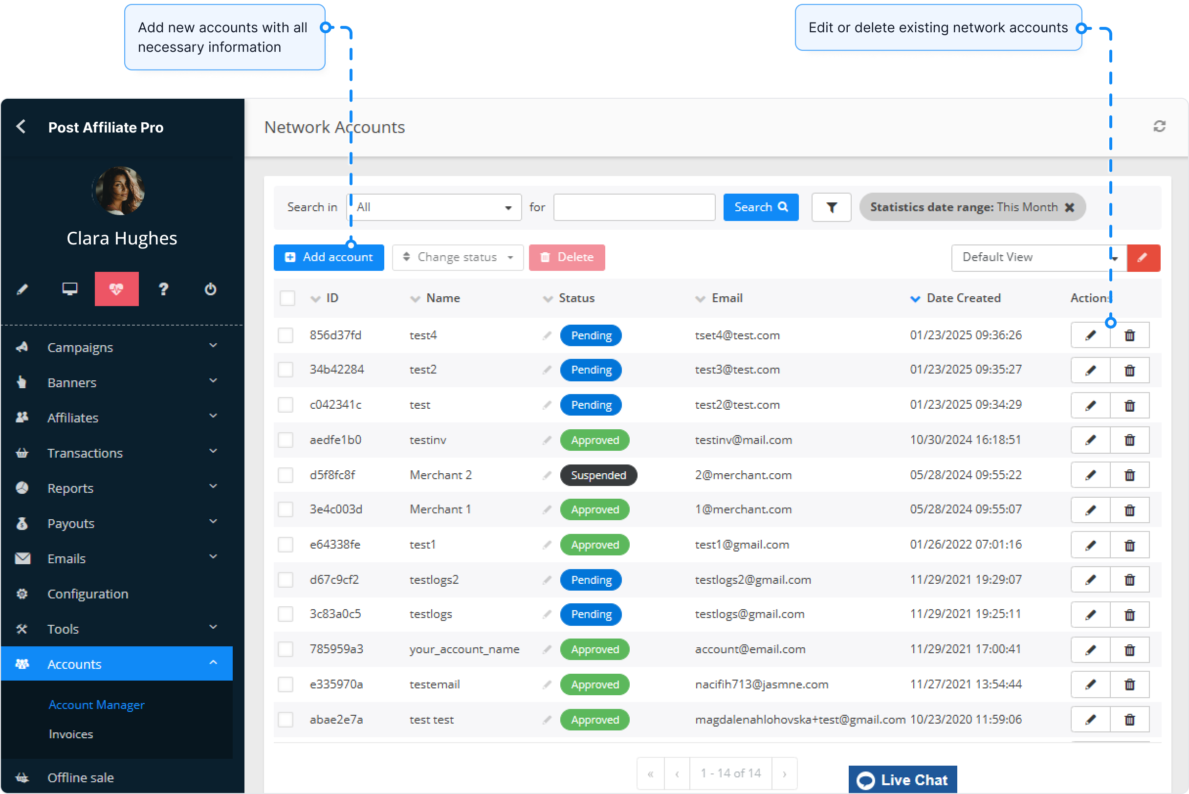 Panoramica della funzione account di rete in Post Affiliate Pro.