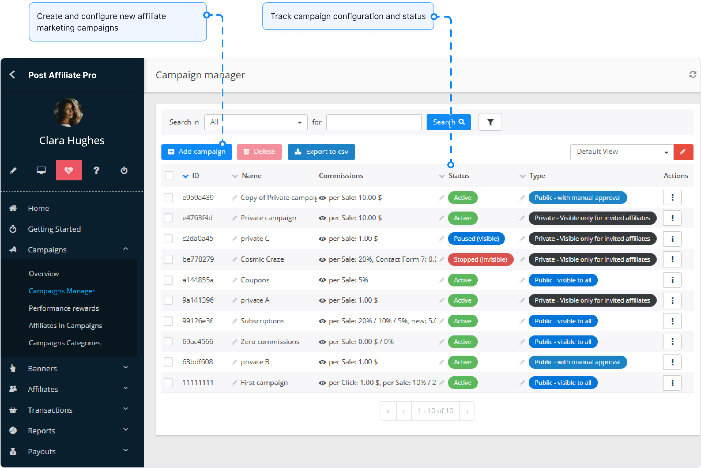 Panoramica della funzione Banner manager in Post Affiliate Pro.