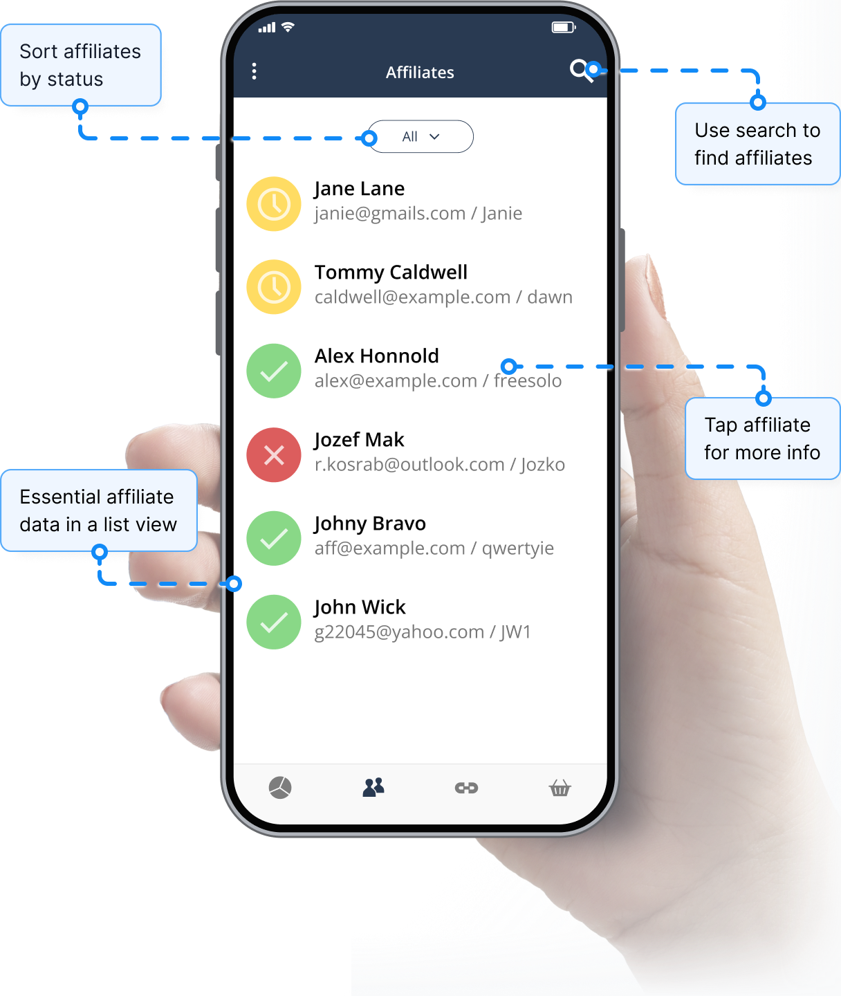Panoramica della funzione di gestione affiliati nell'app mobile Post Affiliate Pro.