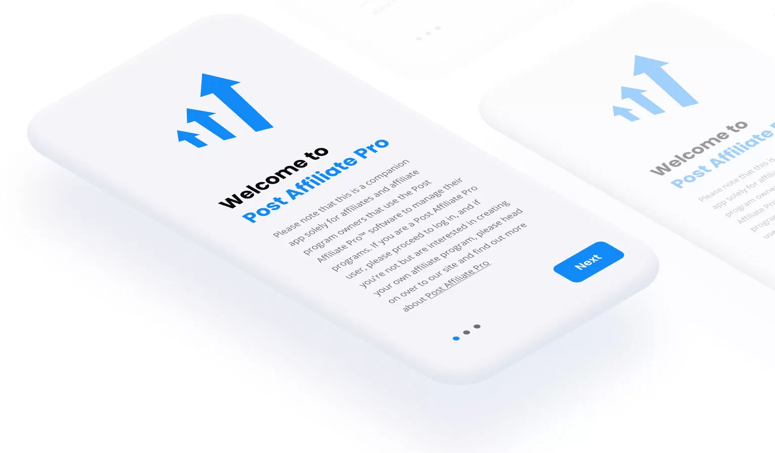 Un mockup di layout telefono con titolo 'benvenuto su Post Affiliate Pro'.
