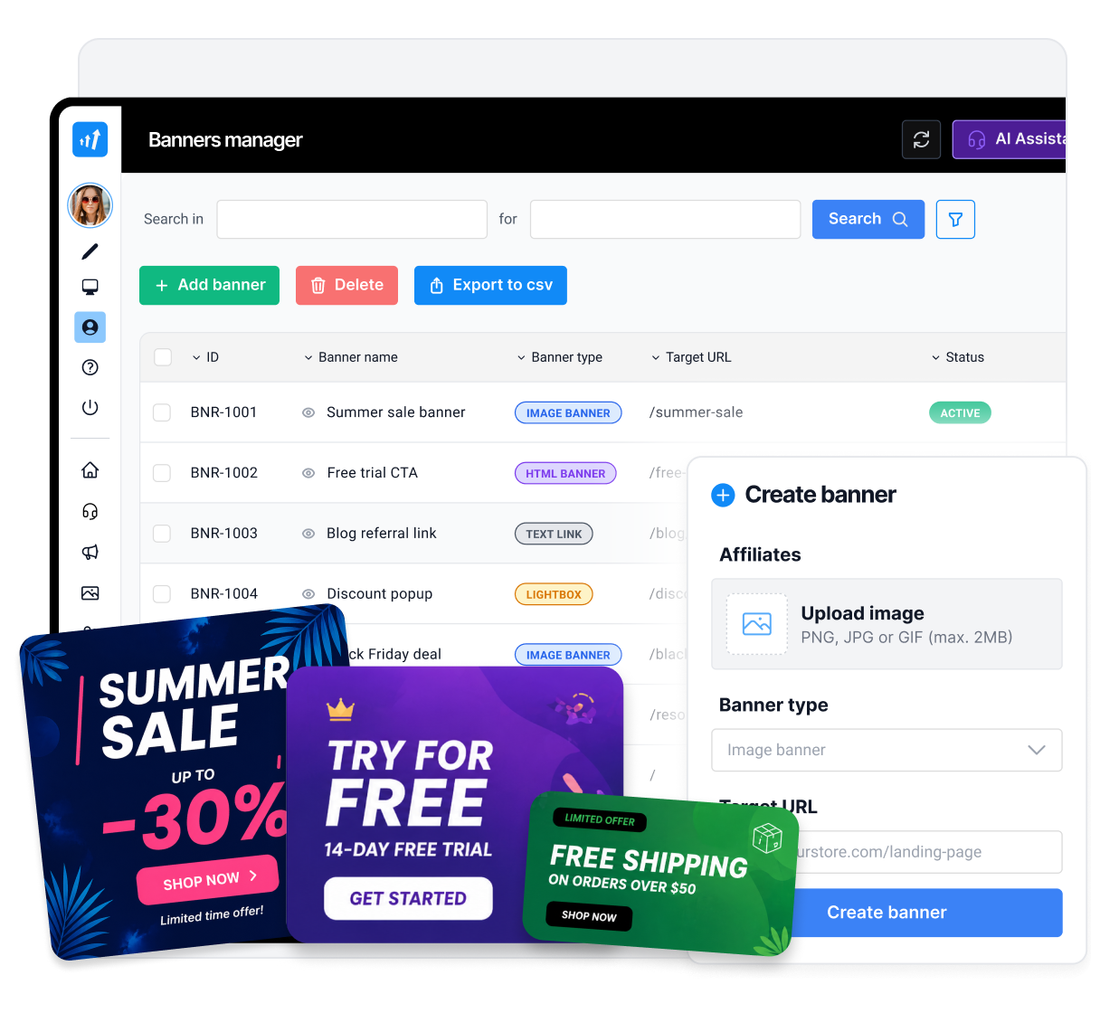 Sezione di materiali promozionali nell'app con banner, coupon e creatività pronte all'uso per gli affiliati.
