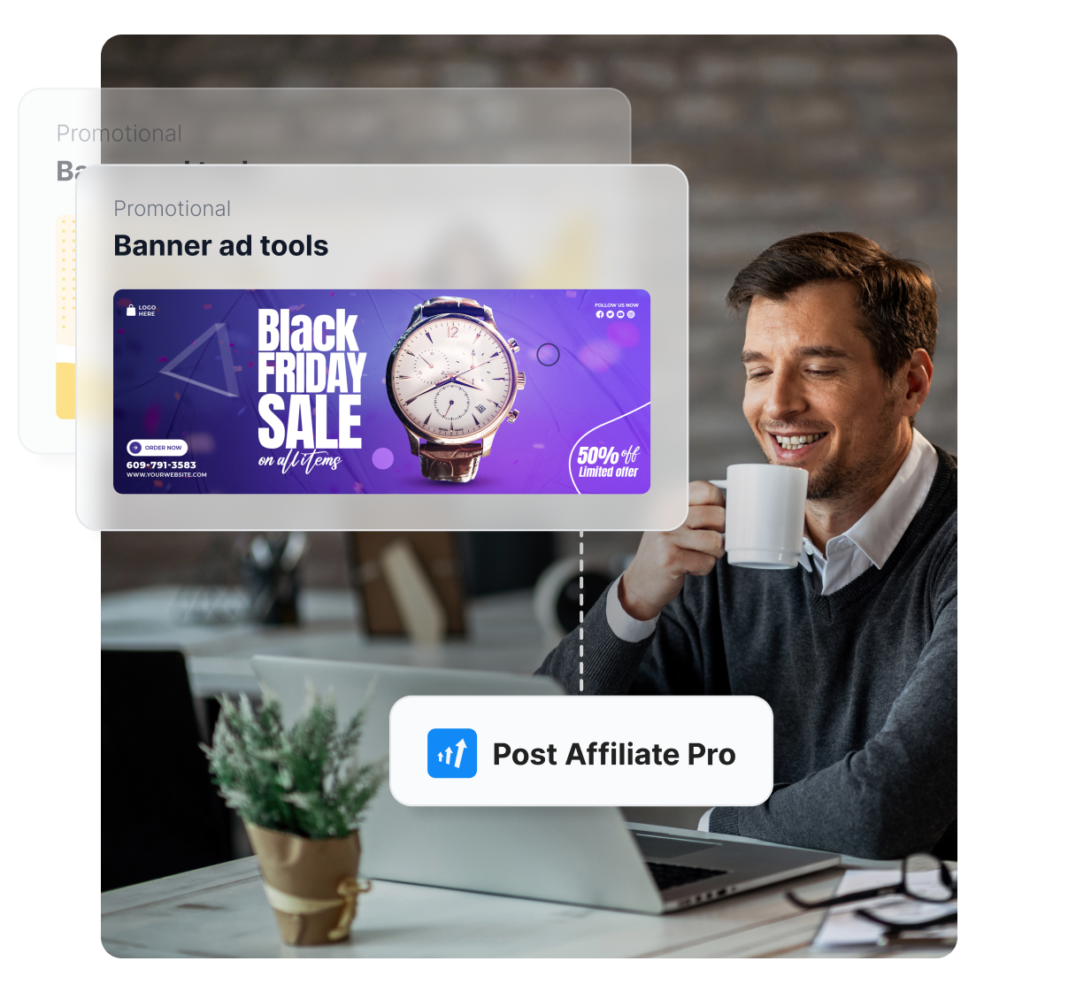 Sapevi che i coupon aumentano le vendite del 37%? Post Affiliate Pro ti permette di creare vari materiali promozionali, inclusi banner pubblicitari e coupon.