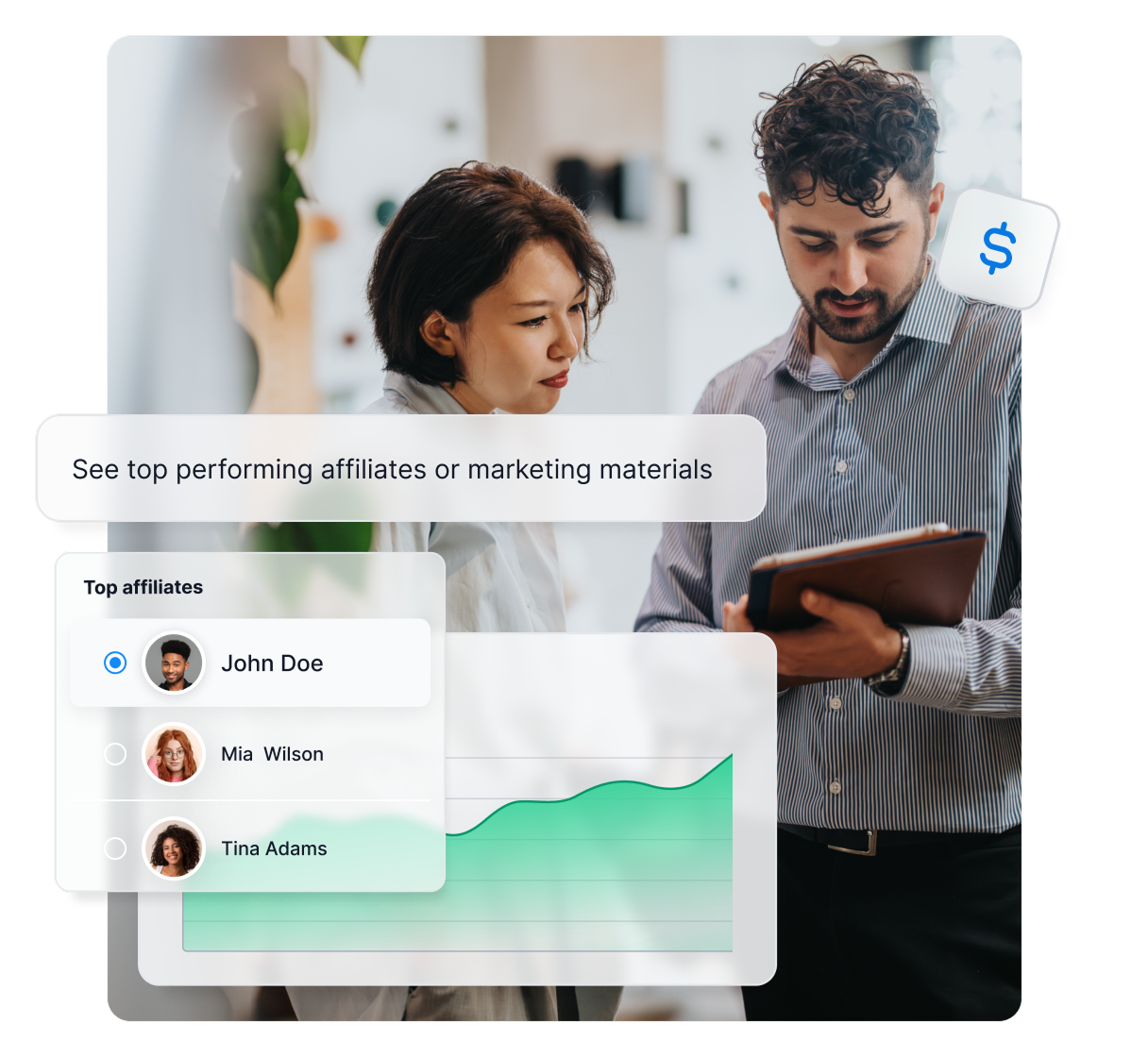 Funzione report affiliati in Post Affiliate Pro che mostra i migliori affiliati, le performance dei banner e le metriche di successo delle campagne.